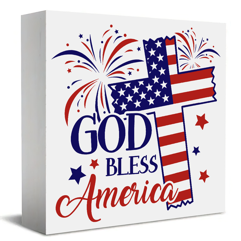 Art And Craft Independence Day - ป้ายไม้ตั้งโต๊ะวันประกาศอิสรภาพของอเมริกา พร้อมคำอวยพรจากพระเจ้า ของตกแต่งบ้าน อุปกรณ์ตกแต่งงานปาร์ตี้ ของประดับตกแต่งงานศิลปะ